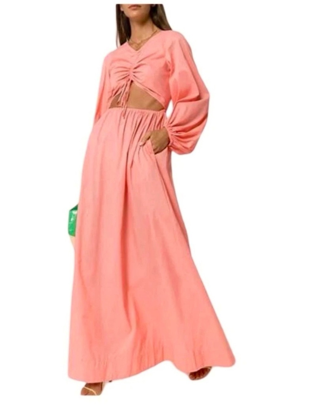 Staud Tangier Ruched Cutout Balloon Sleeve Maxi Dress Coral Size M
